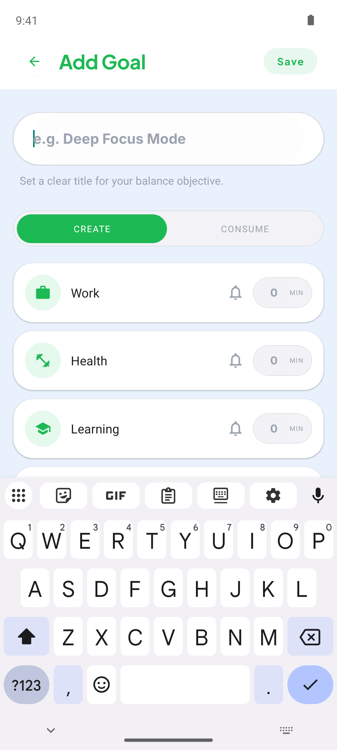 Setting Goals Screen
